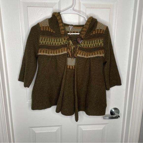 Free People Gretel Swing Hoodie Wool Angora Fair Isle Hood Cardigan in Green S - Picture 1 of 14